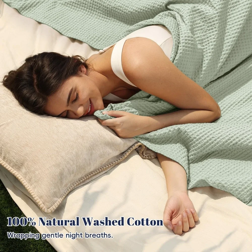 PHF Waffle Weave Blanket Twin Sage Green 100% Cotton Lightweight Breathable NEW
